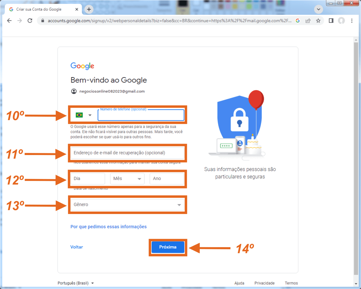 Preenchimento das informações para criar conta Google