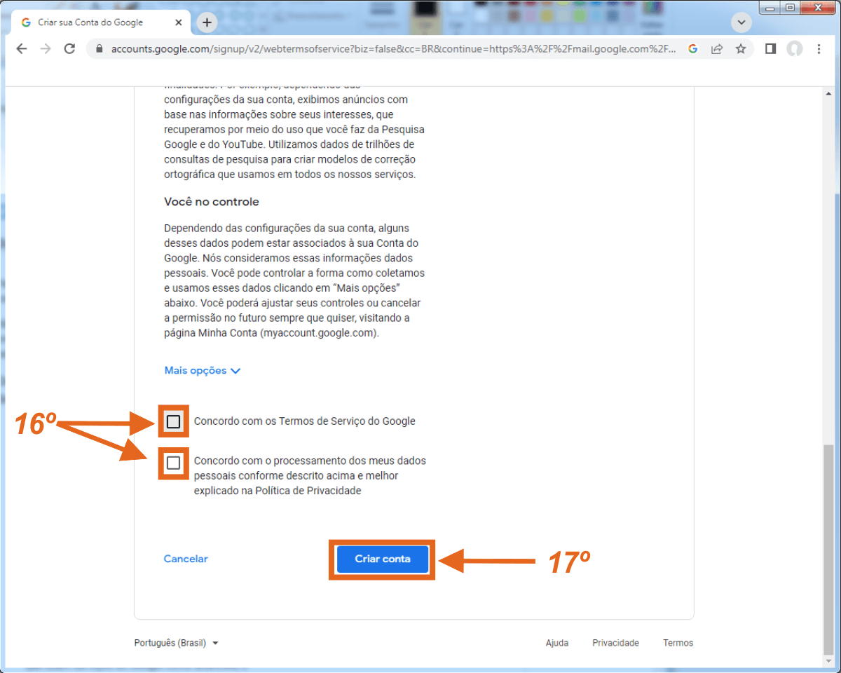 Preenchimento das informações para criar conta Google